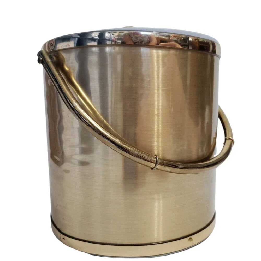 Ice Bucket Gold-toned Handle Acrylic Lid 8 x 8 Inches Round Unbranded Vintage